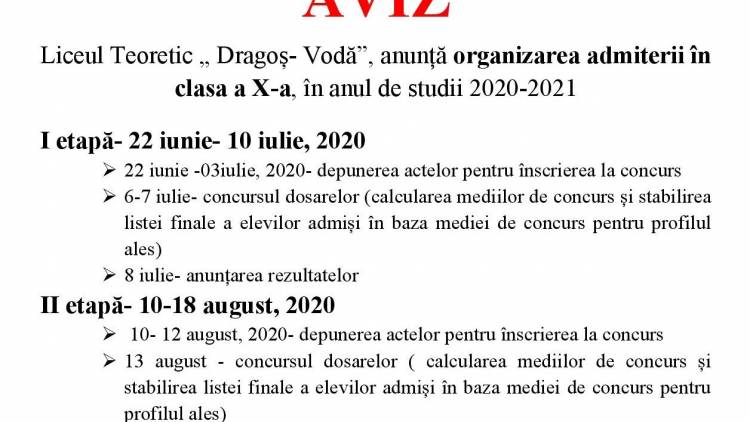 Organizarea admiterii în clasa a X a la Liceul Teoretic Dragoș Vodă