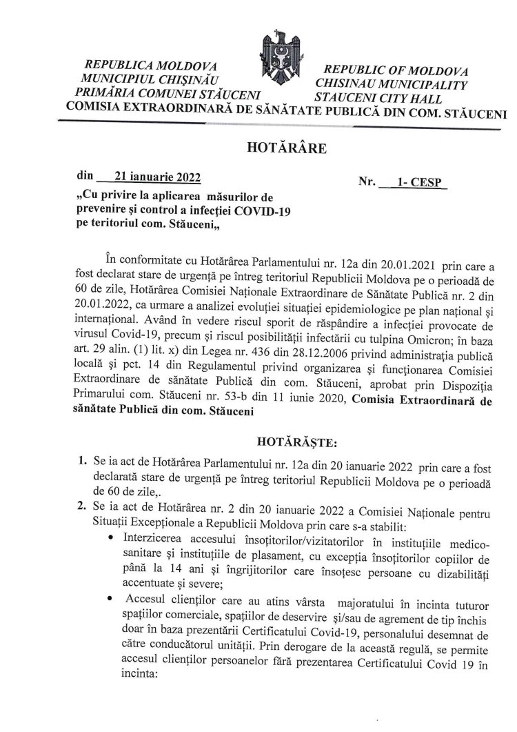Hotărârea Comisiei Extraordinare de Sănătate Publică Stăuceni nr. 1 din 21.01.2022