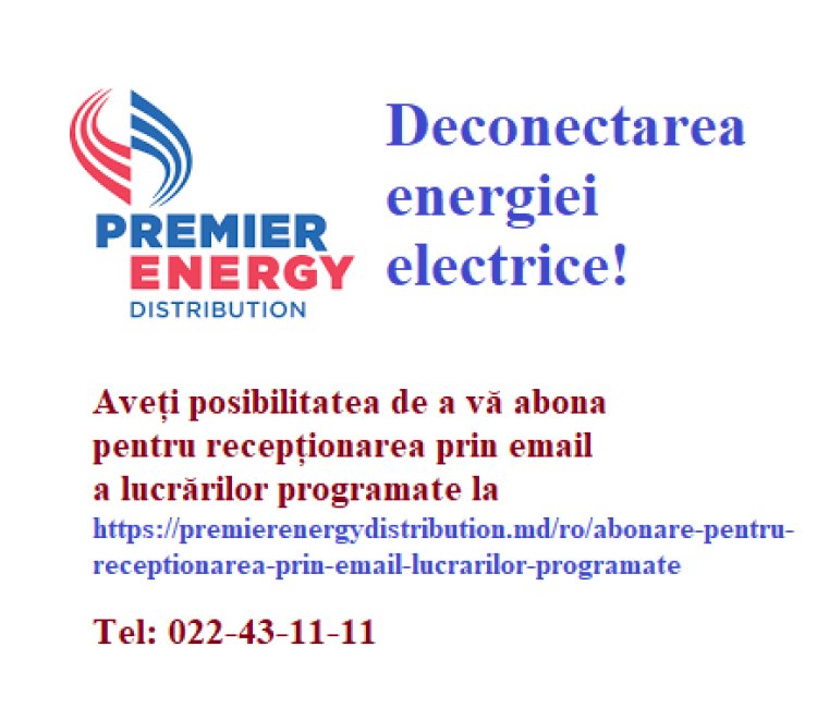 Deconectarea energiei electrice! Miercuri, 14 septembrie 2022. Stimați locuitori ai comunei Stăuceni, Primăria comunei S...