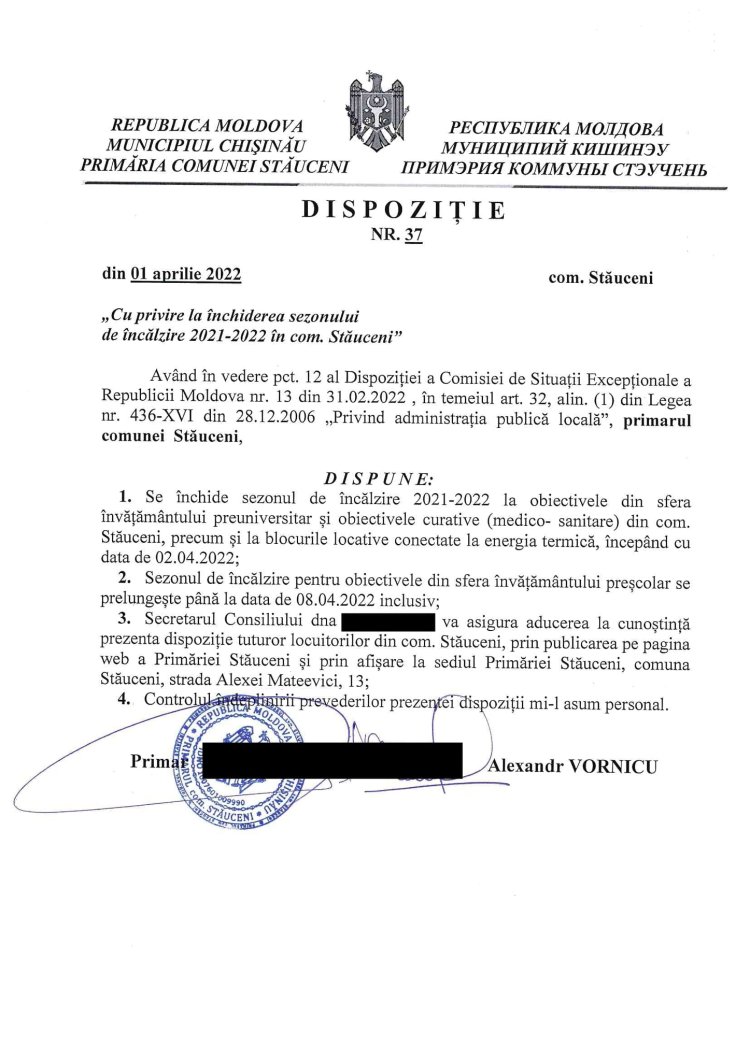 Stimați locuitori ai comunei Stăuceni, Vă aducem la cunoștință Dispoziția Primarului nr. 37 din 01.04.2022 „Cu privire l...