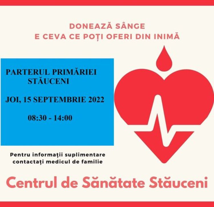 Reamintim! Astăzi, 15 septembrie 2022, începând cu ora 8:30 până la 14:00, în incinta Primăriei comunei Stăuceni (parter...