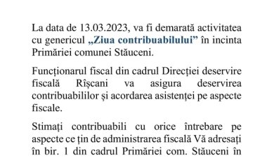 Serviciul Fiscal de Stat anunță! Stimați locuitori ai comunei Stăuceni, La data de 13.03.2023, va fi demarată activitate...
