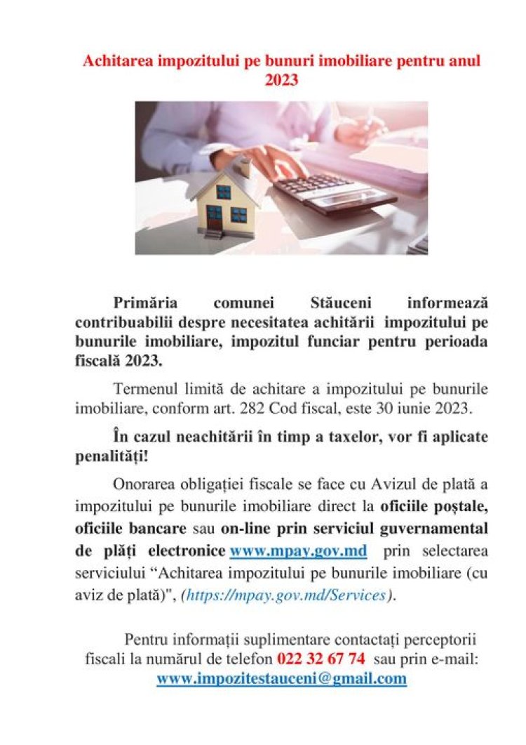 Stimați locuitori ai comunei Stăuceni, ✅ Vă reamintim că termenul limită de achitare a impozitului pe bunurile imobiliar...