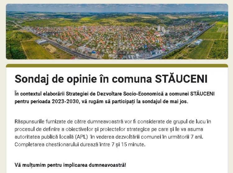SONDAJ DE OPINIE: Sondaj de opinie privind Strategia de Dezvoltare Socio-Economică a comunei Stăuceni 2023-2030