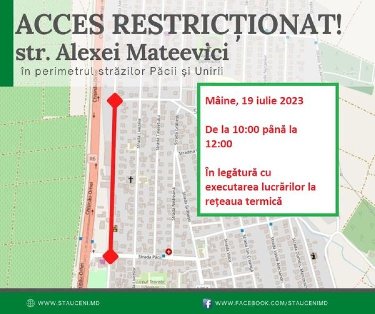 ❗️ Acces restricționat pe strada Alexei Mateevici ❗️ Stimați locuitori, Primăria comunei Stăuceni informează despre rest...