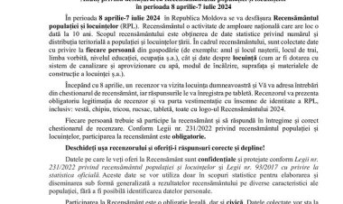 ℹ️ Anunț privind desfășurarea Recensământului populației și locuințelor în perioada 8 aprilie-7 iulie 2024 ➡️ În perioad...