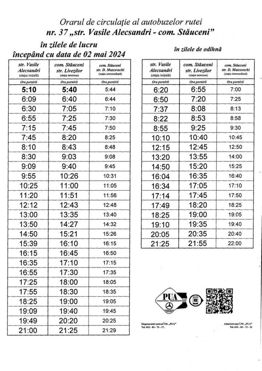 Stimați locuitori, Administraţia Î.M. „Parcul Urban de Autobuze” informează despre modificarea primei curse a orarului d...