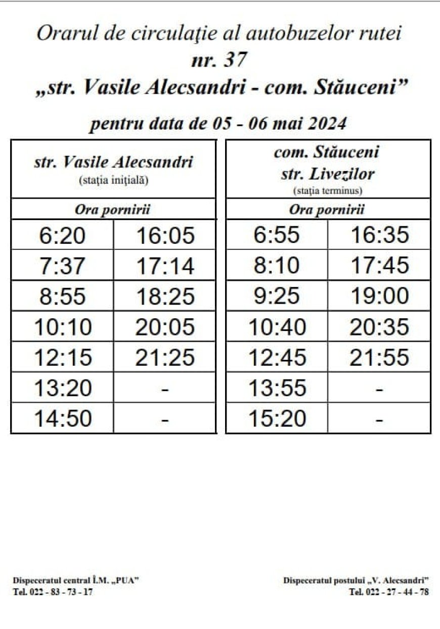 Stimați locuitori, Administraţia Î.M. „Parcul Urban de Autobuze” informează despre orarului de circulaţie al rutei subur...