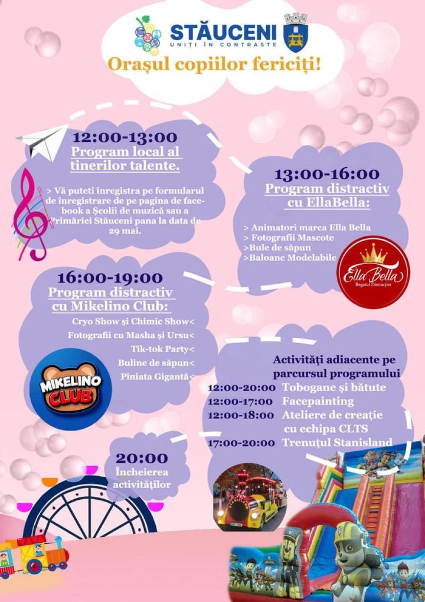 Invităm toți copiii din comunitate la sărbătoarea dedicată "Zilei Internaționale a Copilului". Locație: Scuarul Liceului...