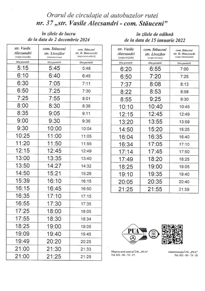 ✅Stimați locuitori ai or. Stăuceni,  Vă informăm că, începând cu 02 decembrie 2024, orarul rutei suburbane nr. 37 va fi...