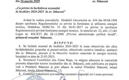 Anunț privind închiderea sezonului de încălzire 2024–2025 ✅Primăria orașului Stăuceni aduce la cunoștință că, în conf...