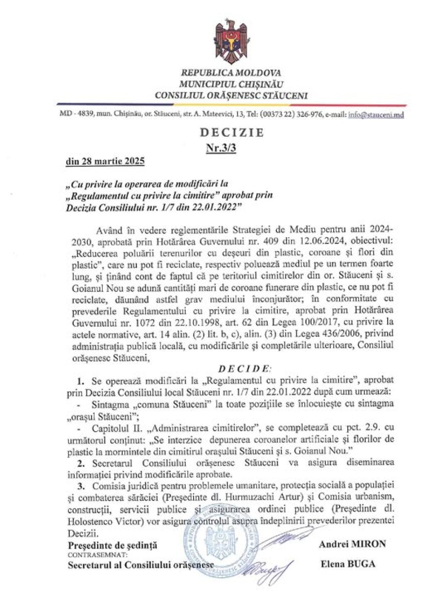 ✅Stimați locuitori ai or. Stăuceni și s. Goianul Nou, În contextul noilor reglementări de mediu, Consiliul Orășenesc Stă...