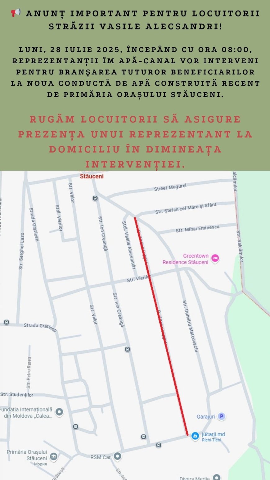 ANUNȚ IMPORTANT pentru locuitorii străzii Vasile Alecsandri! Luni, 28 iulie 2025, începând cu ora 08:00, reprezentanț...