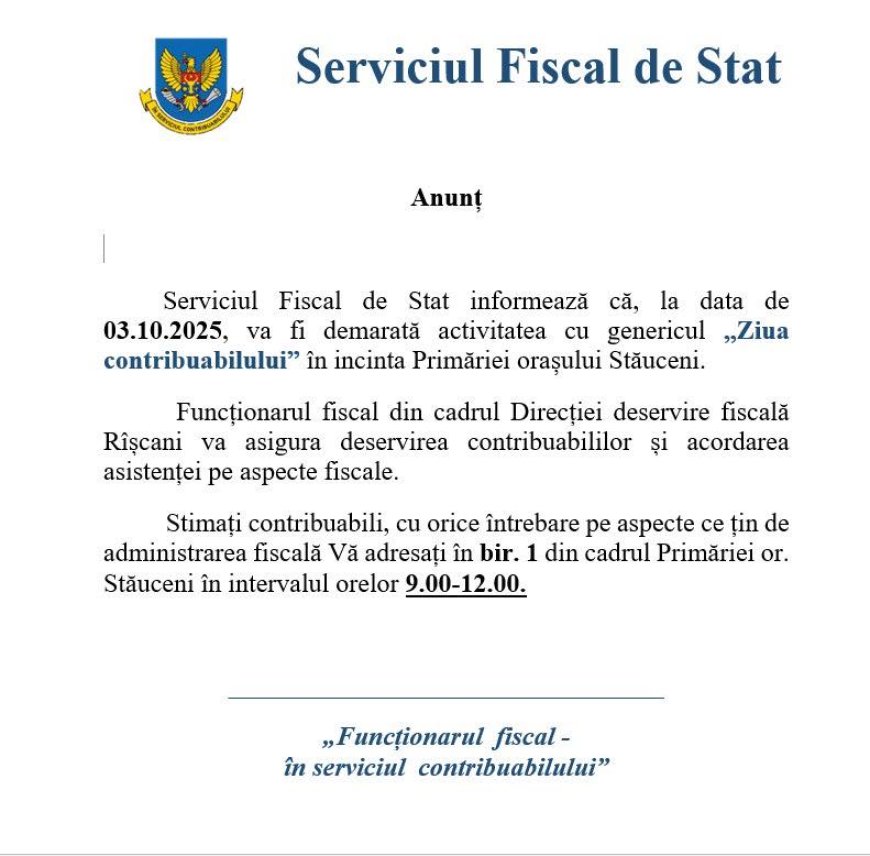✅Stimați locuitori ai orașului Stăuceni, Vă informăm că vineri, 3 octombrie 2025, în intervalul 09:00