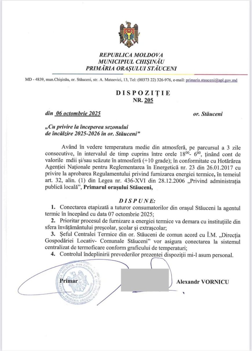 Stimați locuitori, Primăria orașului Stăuceni, informează că începând cu data de 07 octombrie 2025, se dă startul sezonu...