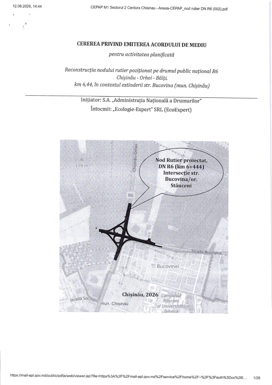Consultare publică :  Reconstrucția nodului rutier poziționat pe drumul public național R6 Chișinău - Orhei - Bălți km 6,44 în contextul extinderii str. Bucovina