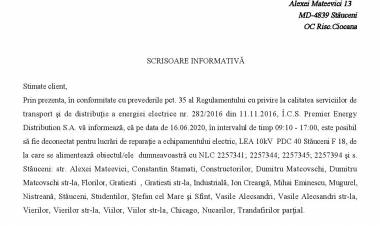 Deconectarea energiei electrice pe 16 și 17 iunie