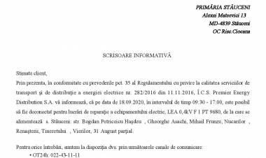 Deconectarea energiei electrice pe 18 septembrie!