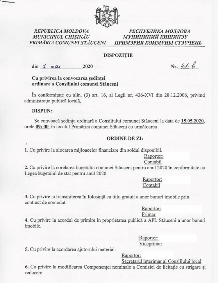 Convocarea ședinței ordinare a Consiliului local