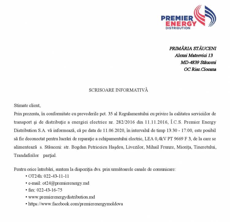 Deconectare planificată a distribuţiei energiei electrice