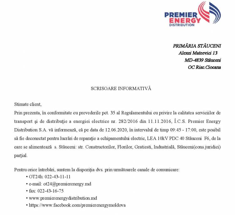 Deconectare planificată a distribuţiei energiei electrice
