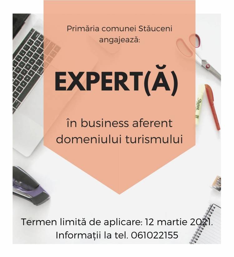 Primăria Stăuceni angajează expert(ă) în business aferent domeniului turismului